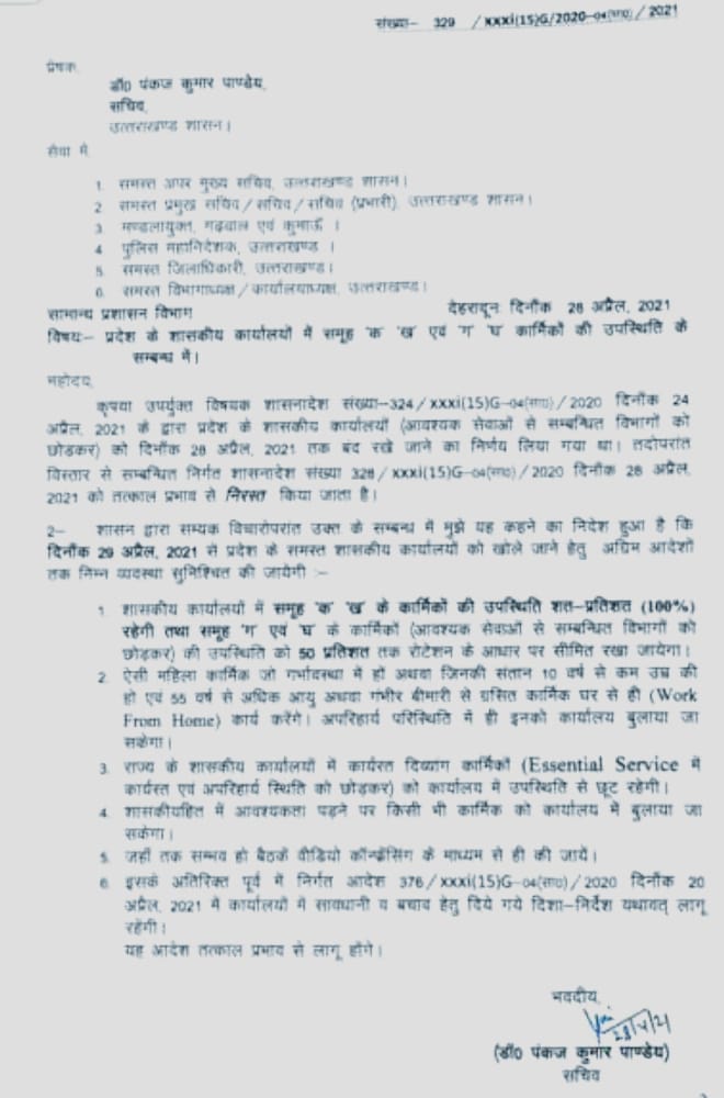 उत्तराखंड:  देहरादून  मुख्यमंत्री ने किया अपना पुराना आदेश निरस्त 100% उपस्थिति के साथ खुलेंगे शासकीय कार्यालय.