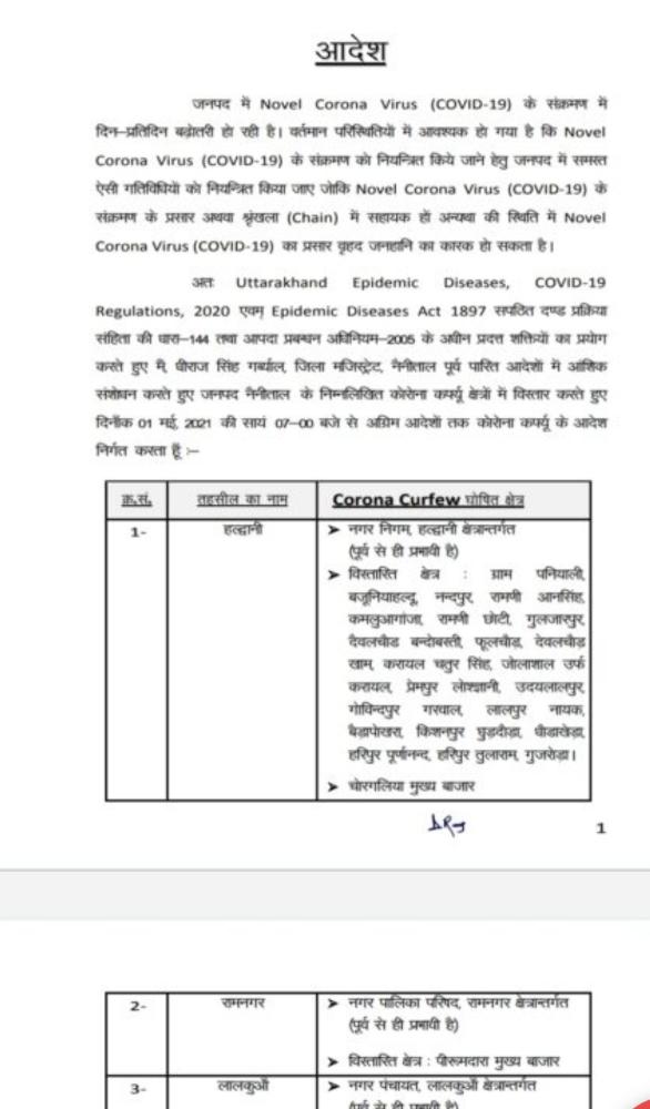 नैनीताल : नैनीताल जिला अधिकारी ने 1 मई शाम 3  बजे से से जिले मे संपूर्ण कोरोना कर्फ्यू लागू होगा.