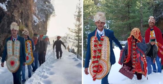 हिमाचल- भारी बर्फबारी के बावजूद नहीं टली शादी, 4 फीट बर्फ के बीच सात किमी पैदल चले दूल्हा-दुल्हन