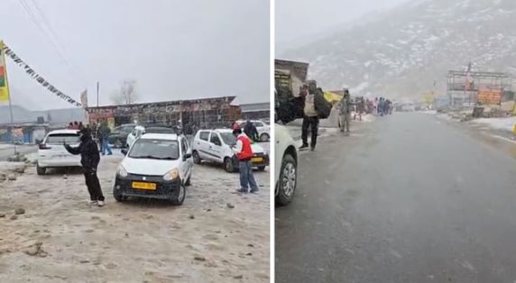 हिमाचल Weather: हिमाचल प्रदेश के लाहौल स्पीति जिले के कोकसर में बर्फबारी शुरू, सैलानी कर रहे मस्ती