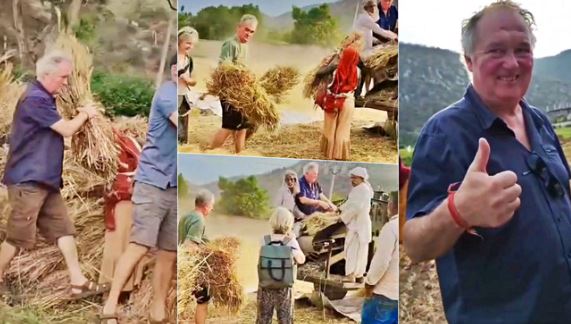 फ्रांस से आए पर्यटकों ने काटे खेत में गेहूं, अलवर में किसान की मदद 