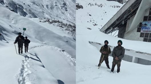 हेमकुंड साहिब- सेना के जवान और ट्रस्ट के सदस्यों ने की हेमकुंड साहिब मार्ग की रेकी, जमी पांच से छह फीट बर्फ