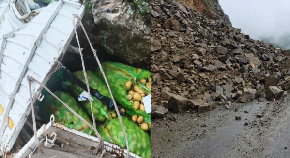 कोटद्वार- भूस्खलन से बदरीनाथ हाईवे बंद, कोटद्वार में वाहन के ऊपर गिरे भारी बोल्डर, बाल-बाल बचे सवार लोग